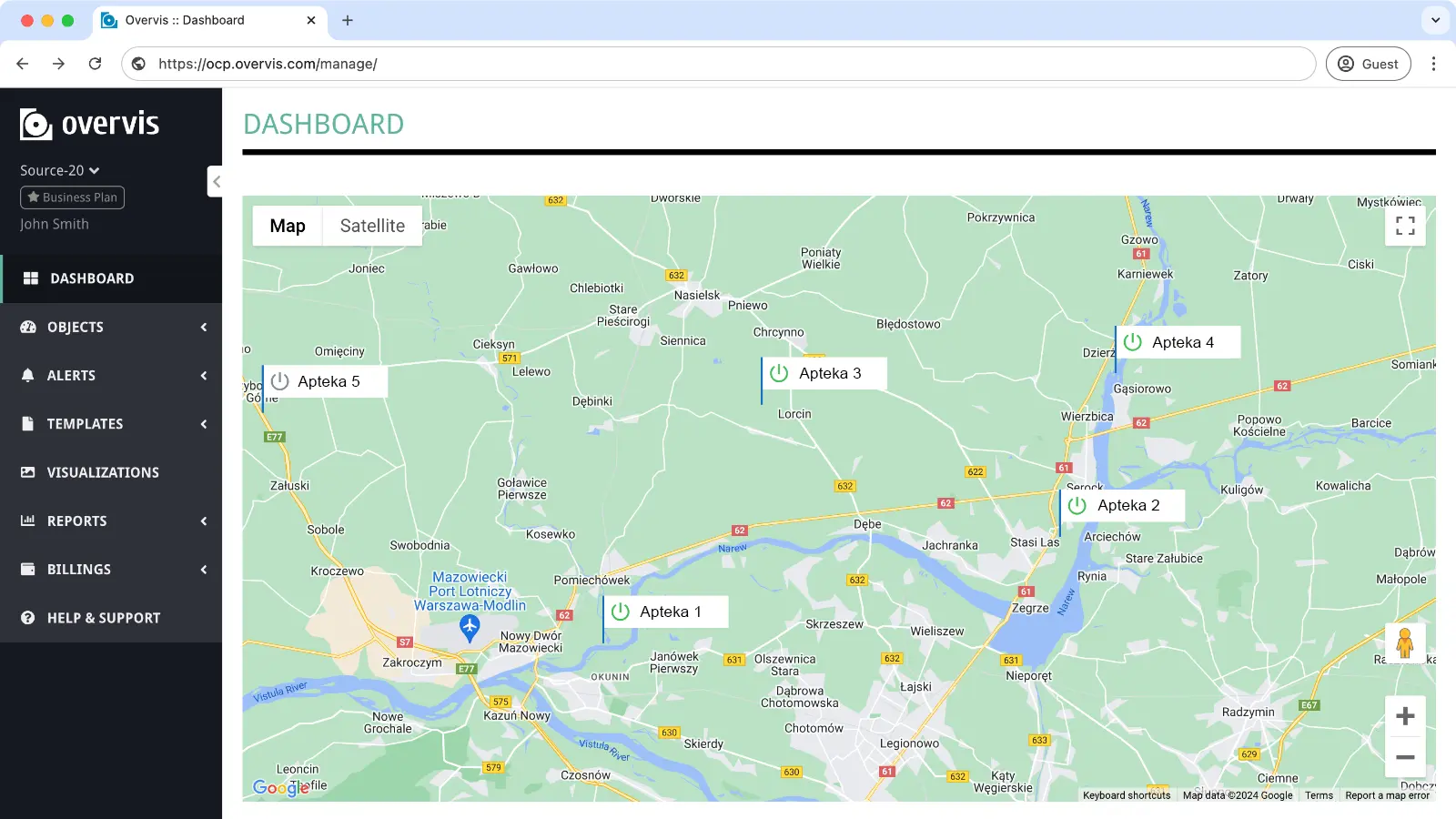 Widok zbiorczy obiektów na mapie